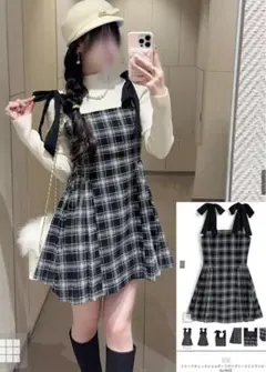 GRL ツイードチェックショルダーリボンプリーツミニワンピース[tu1892]