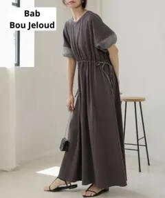 【Bab】前後2WAY袖オーガンジーフレアーワンピース チャコール M