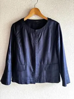 【グリーンレーベルリラクシング】上品光沢＊ノーカラージャケット 40 紺 L