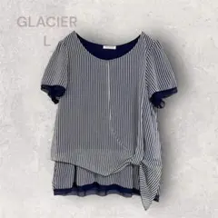 GLACIER シフォン素材　半袖ブラウス　Tシャツ　ストライプ柄　ガーリー
