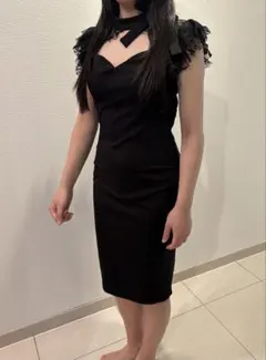 レース袖リボン付き黒ドレス　キャバドレス　水商売　M ブラック