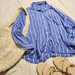 ZARA BASIC 春夏ストライプ柄オーバーサイズシャツ 海外L ブルー
