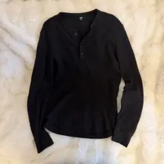 UNIQLO ワッフルヘンリーネックT 長袖 ブラック L