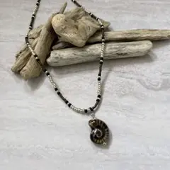 n148 2wayアンモナアト チャーム ビーズ ネックレス ブラウン シルバー