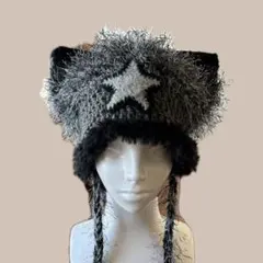 猫耳ニット帽子　y2k 星 ストリート　モノトーン ハンドメイド　かぎ編み