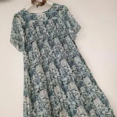 青系 花柄プリーツ 半袖ワンピース