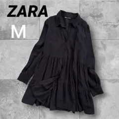 ZARA ティアード シャツワンピース ブラック M オーバーサイズ