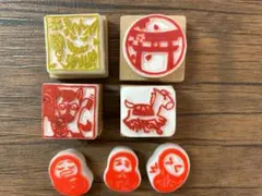 まとめ売り）手彫り消しゴムはんこ／馬・だるま・鳥居・鬼／ハンドメイド