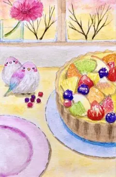 みみ水彩画 インコとピザトースト　値段は※900円です みみ様専用水彩画 インコとピザトースト 値段は※900円です - メルカリ