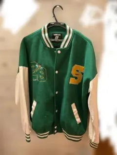 スタジャン　グリーン　ワッペン　古着　ストリート　L