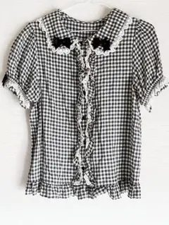 ロリィタ 黒 チェック柄 ブラウス 半袖 フリル付き
