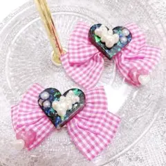 ♡Gingham Bear Ribbonヘアクリップ♡ 濃ピンク×クロ