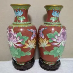 【匿名配送／色鮮やか／美品】伝統的中国風 花瓶 赤茶色と緑色２個セット