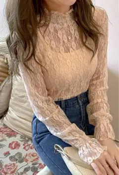 zレースシャーリングブラウスXL長袖レースブラウス トップス シースルー レース