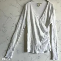 リブニット カシュクール トップス パールボタン 長袖 コンパクト ホワイト S