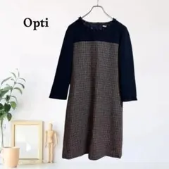 zC1263【L】Opti ワンピース 千鳥格子 長袖 切替デザイン