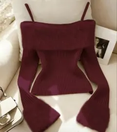 オフショルダー ワインレッド ニット