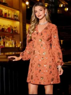 美品キラキラオレンジ刺繍ワンピース Vネック 長袖