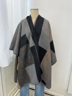 裏起毛 パッチワーク風 ポンチョ グレー×ベージュ系