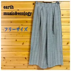 earthワイドパンツ チェック柄 千鳥格子 ウエストゴム ベージュ系 F