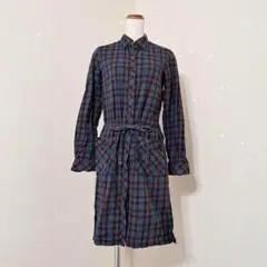 EASTBOY チェックシャツワンピース 長袖 リボン ネイビー【9】スリット