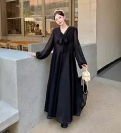 新品 秋冬 大きいサイズ黒 ロングワンピース シフォン 3XL 40代 50代y