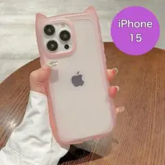iPhone15　猫耳　スマホケース　カバー　推し活　韓国風　背面クリア　ピンク
