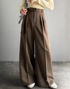 Classical ブラウン ベルテッドワイドイージースラックスパンツ