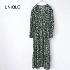 UNIQLO ロングワンピース L 黒×緑系 小花柄 薄手 大人 シック 春夏
