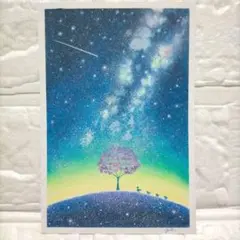 カルガモ親子と湖畔の風景画 オイルパステル画 原画 ハガキサイズ絵画