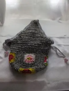 手編み 巾着バッグ｜グレー×花モチーフ｜小さめトート