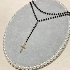多面カットブラックビーズゴールドカラークロス十字架ロザリオY字ネックレス2連