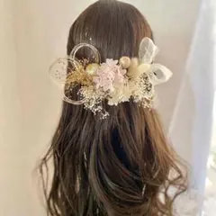和玉とミニリボンのドライフラワー髪飾り　金箔　水引　卒業式　袴　結婚式　ピンク