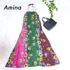 Amina アミナコレクション 花柄 ロングワンピース 花柄 フレア 春夏
