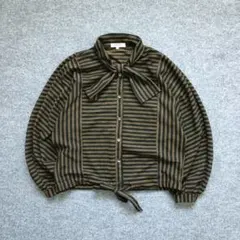 vintage クラシック ボウタイブラウス 長袖 ショート丈 ストライプ