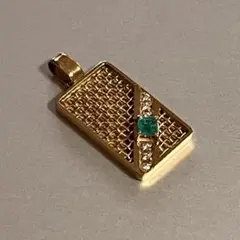 K18 ペンダントトップ エメラルド　網　ダイヤ付き　レトロ