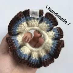 ブラウンブルー·͜·シュシュ‪ ハンドメイド‪ 編み物‪ 手編み 毛糸168