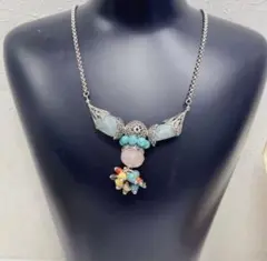 ビンテージ 大粒天然石 銀細工 シルバーネックレス マルチカラーチョーカー 箱入