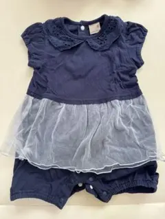 petit main ネイビー フリルロンパース 80