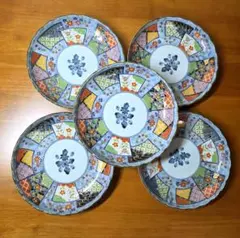 【未使用】有田焼 吾山窯 色絵 扇面紋 菊型中皿 5客セット 取り皿 銘々皿