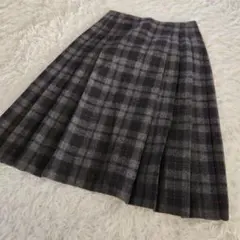 ギャバジンケーティー ロング スカート チェック グレー プリーツ L ウール混