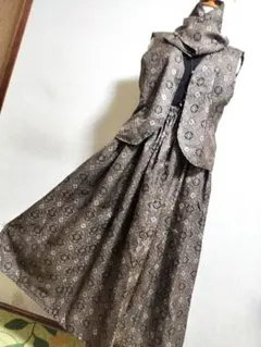 1855　着物リメイク☆大島紬ギャザースカート＆リバーシブルベスト+ストール