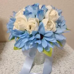 青と白のプリザーブドフラワーブーケ　ブートニアセット