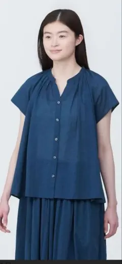 無印良品　強撚ボイル　フレンチスリーブブラウス　ＸＬ　LL ネイビー