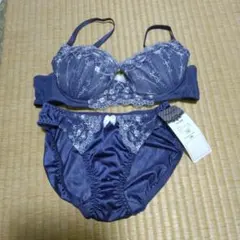 新品ブラジャー　ショーツセット　C80 L　紺色　ネイビー　パット　レース　刺繍