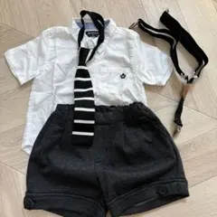 ベビーキッズ90cm　フォーマル 白シャツ 黒パンツ ネクタイ サスペンダー