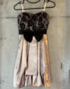 パーティードレス シャンパンゴールド×黒レース バルーンスカート 大きめリボン