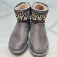ビジュー付き ムートンブーツ グレー 23.5cm 防寒 中綿 あったかい