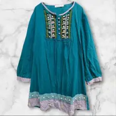 ラフユニット 緑 刺繍チュニック ギンガムチェック エスニック ボヘミアン Mのサムネイル