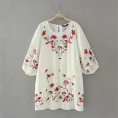 ZARA系 花柄 フラワー 刺繍 ワンピース エクリュ